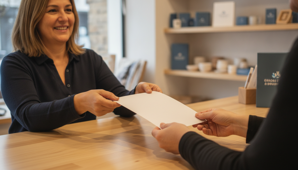Plantilla de presupuesto en Excel gratis para descargar (y cómo hacer uno bien) 1 - Líder Gestión ERP Comerciante entregando una plantilla de presupuesto impresa a un cliente