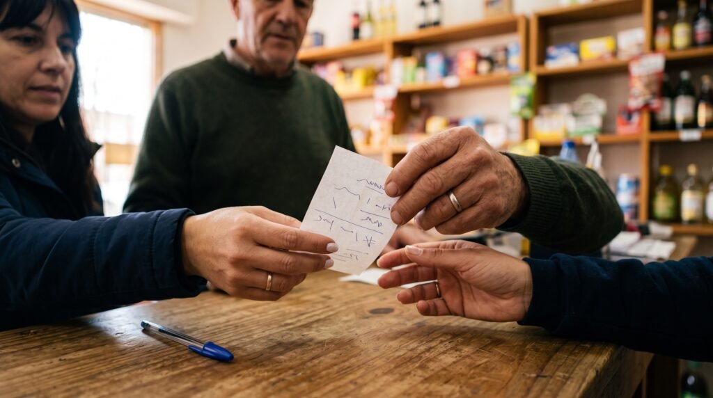 Recibo de pago: qué es, cómo hacerlo y modelo gratis para descargar (Word y PDF) 2 - Líder Gestión ERP | Software de Facturación y Gestión sin Abono Mensual para PyMEs en Argentina Comerciante entregando un recibo de pago a un cliente en el mostrador de una PyME