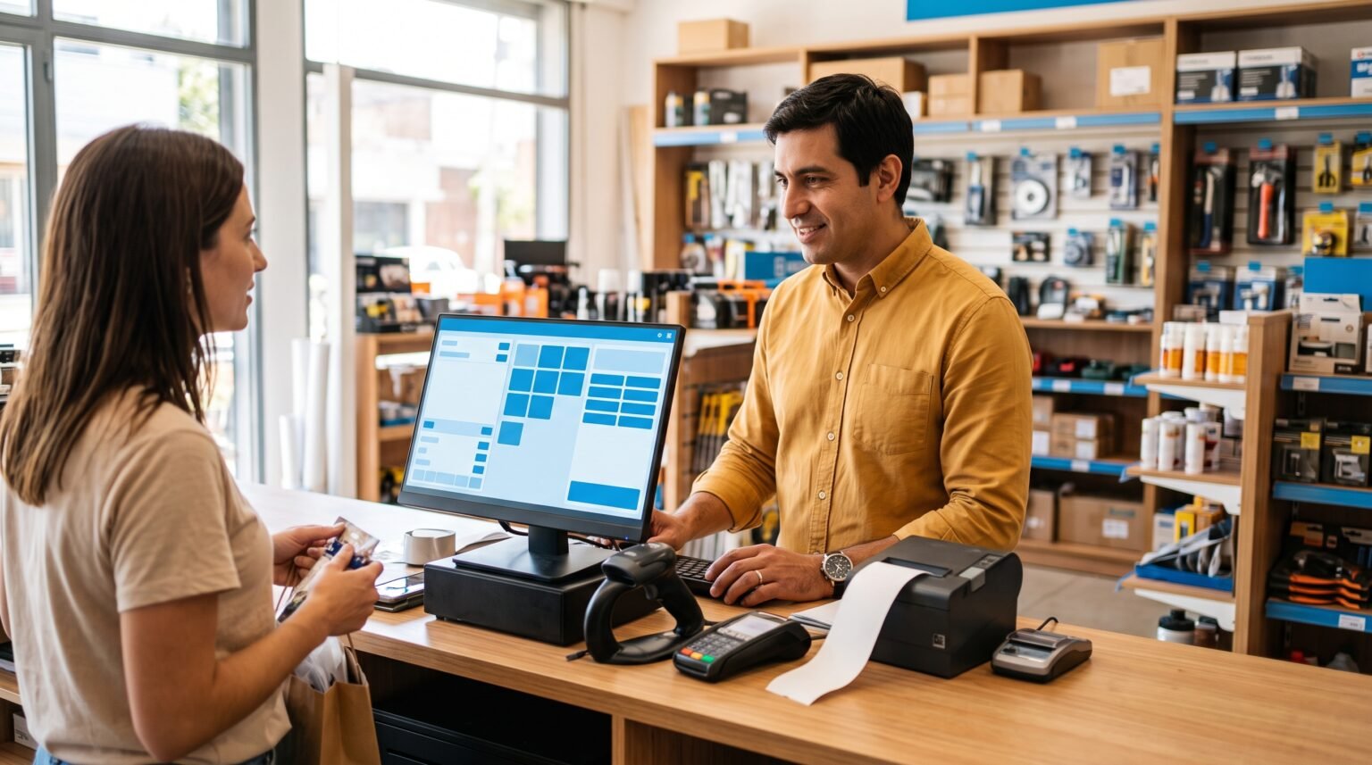Sistema de Punto de Venta (POS) con Facturación Electrónica ARCA | Líder Gestión 1 - Líder Gestión ERP | Software de Facturación y Gestión sin Abono Mensual para PyMEs en Argentina Vendedor cobrando en el mostrador de un comercio argentino con un sistema de punto de venta POS de Líder Gestión