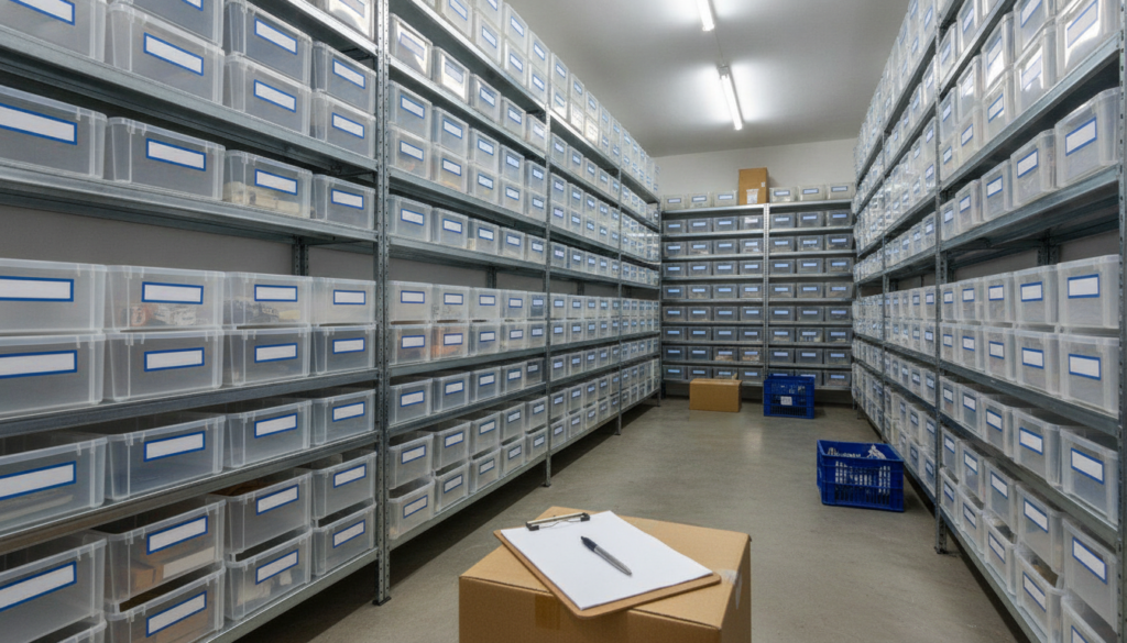 Cajas etiquetadas y ordenadas para el control de stock de un comercio