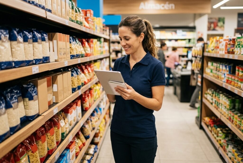 Encargada de supermercado revisando la reposición de góndolas con compras inteligentes desde una tablet con Líder Gestión