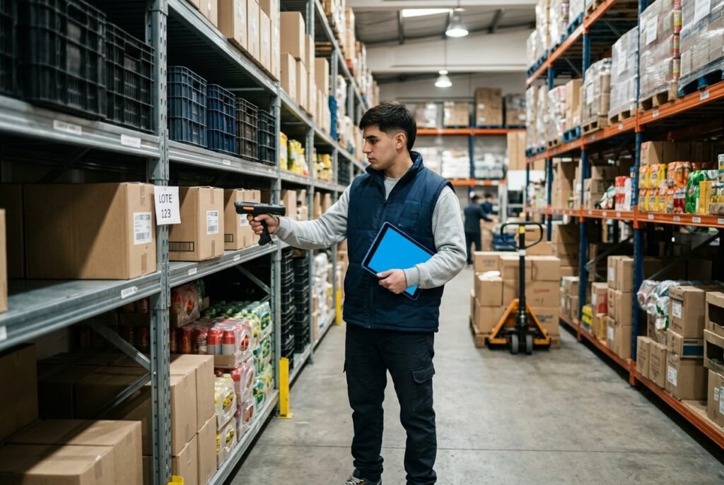 Repositor controlando stock por depósito en un supermercado con lector de código de barras y el software Líder Gestión