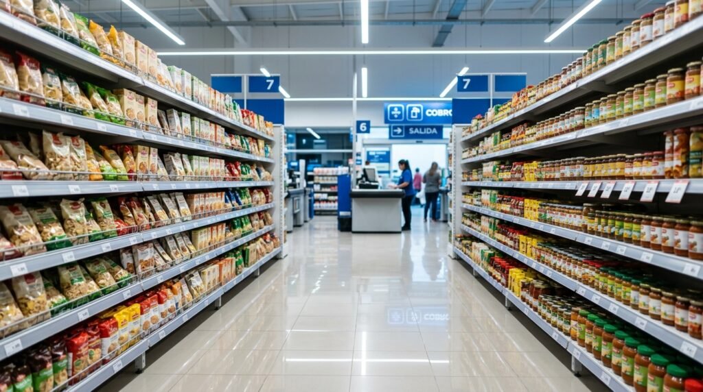 Interior de un supermercado con góndolas surtidas y zona de cajas