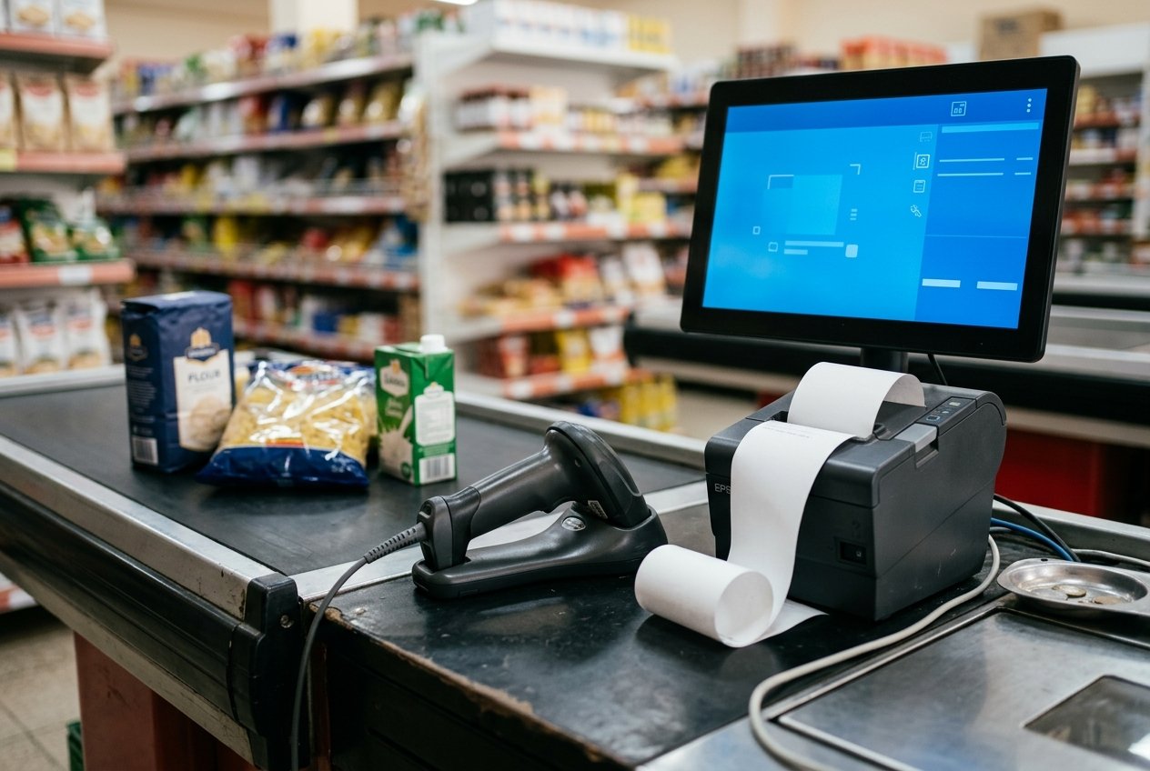 Punto de venta de supermercado con lector de código de barras e impresora térmica de tickets