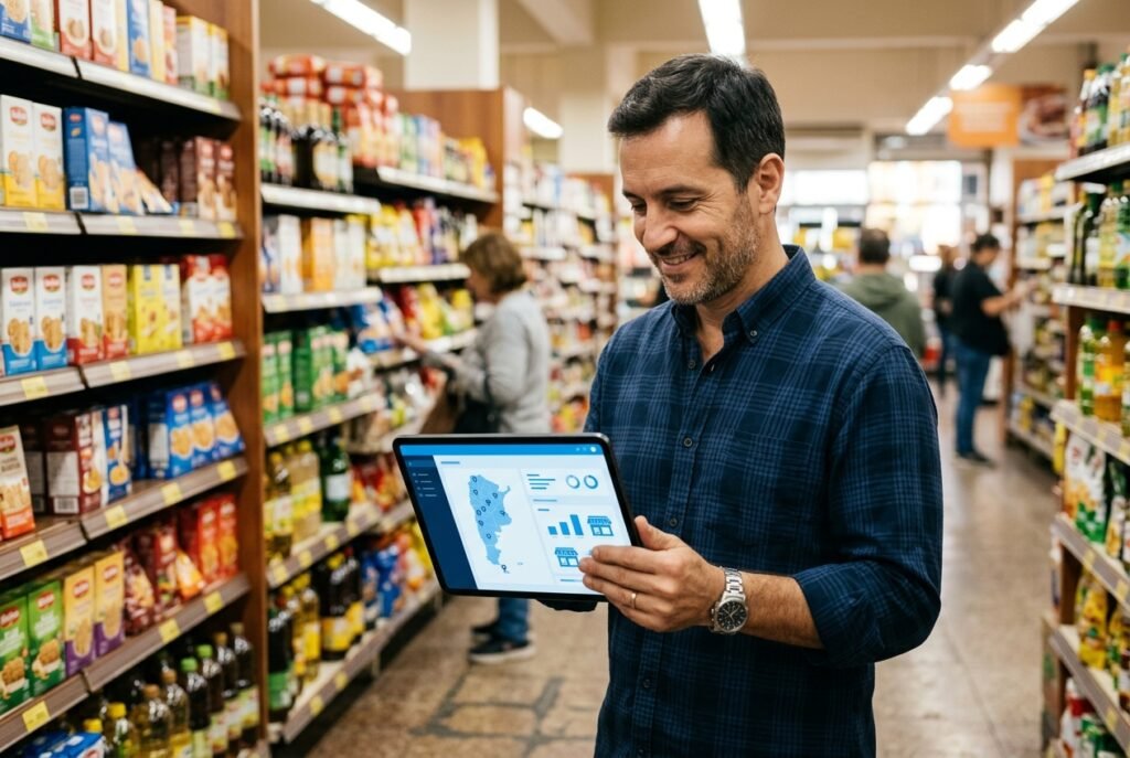 Dueño de supermercado gestionando sus sucursales conectadas en tiempo real desde una tablet con Líder Gestión