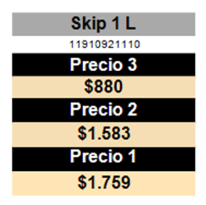 Etiqueta con nombre del producto, numero de codigo y tres precios en pesos