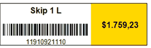 Etiqueta con nombre del producto, codigo de barra y precio destacado en amarillo