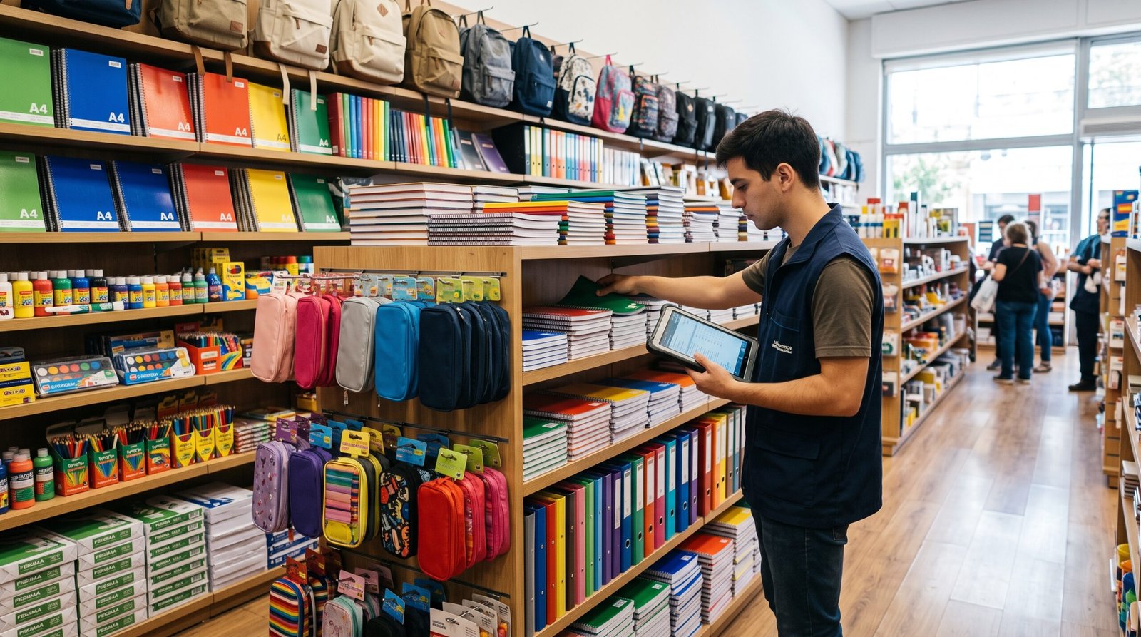 Góndolas de útiles escolares ordenadas en una librería durante la campaña escolar, con un empleado reponiendo y controlando el stock con una tablet