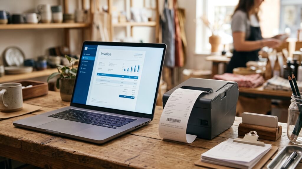 Controlador fiscal o factura electrónica: 5 claves para elegir bien 1 - Líder Gestión ERP Factura electrónica en una notebook y ticket en impresora térmica sobre el mostrador