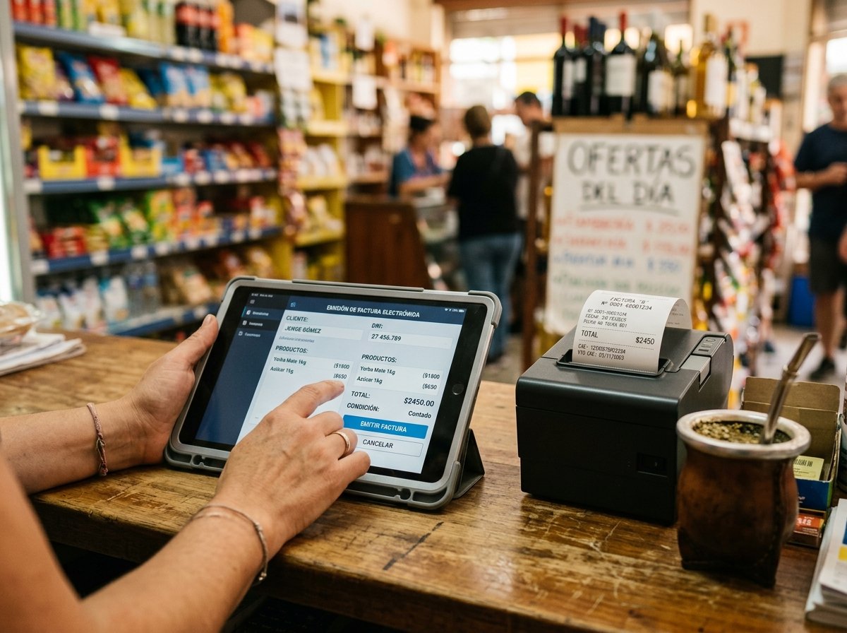 Emisión de una factura electrónica ARCA desde una tablet en un comercio argentino