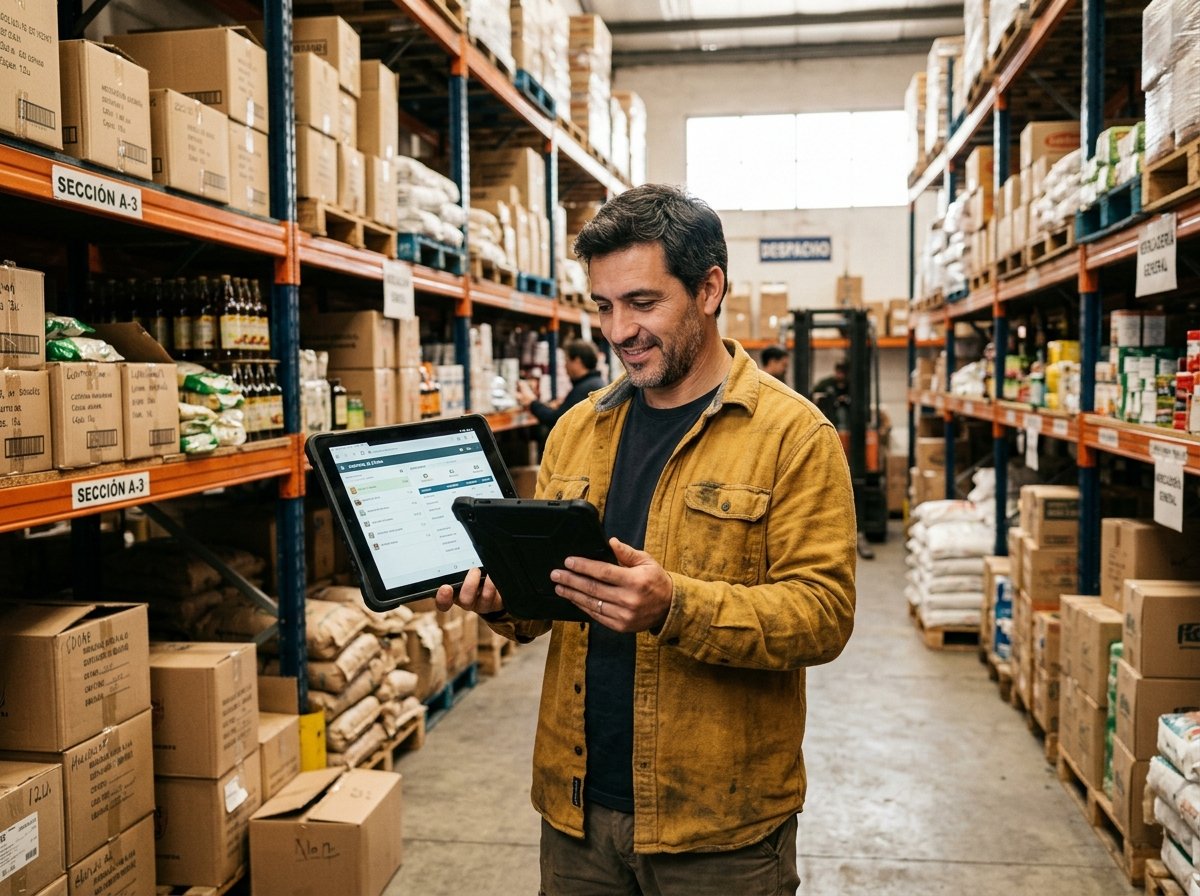Dueño de una PyME argentina controlando el stock del depósito con una tablet