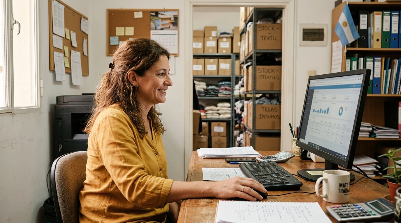 Dueña de una PyME argentina gestionando su empresa con un ERP integral