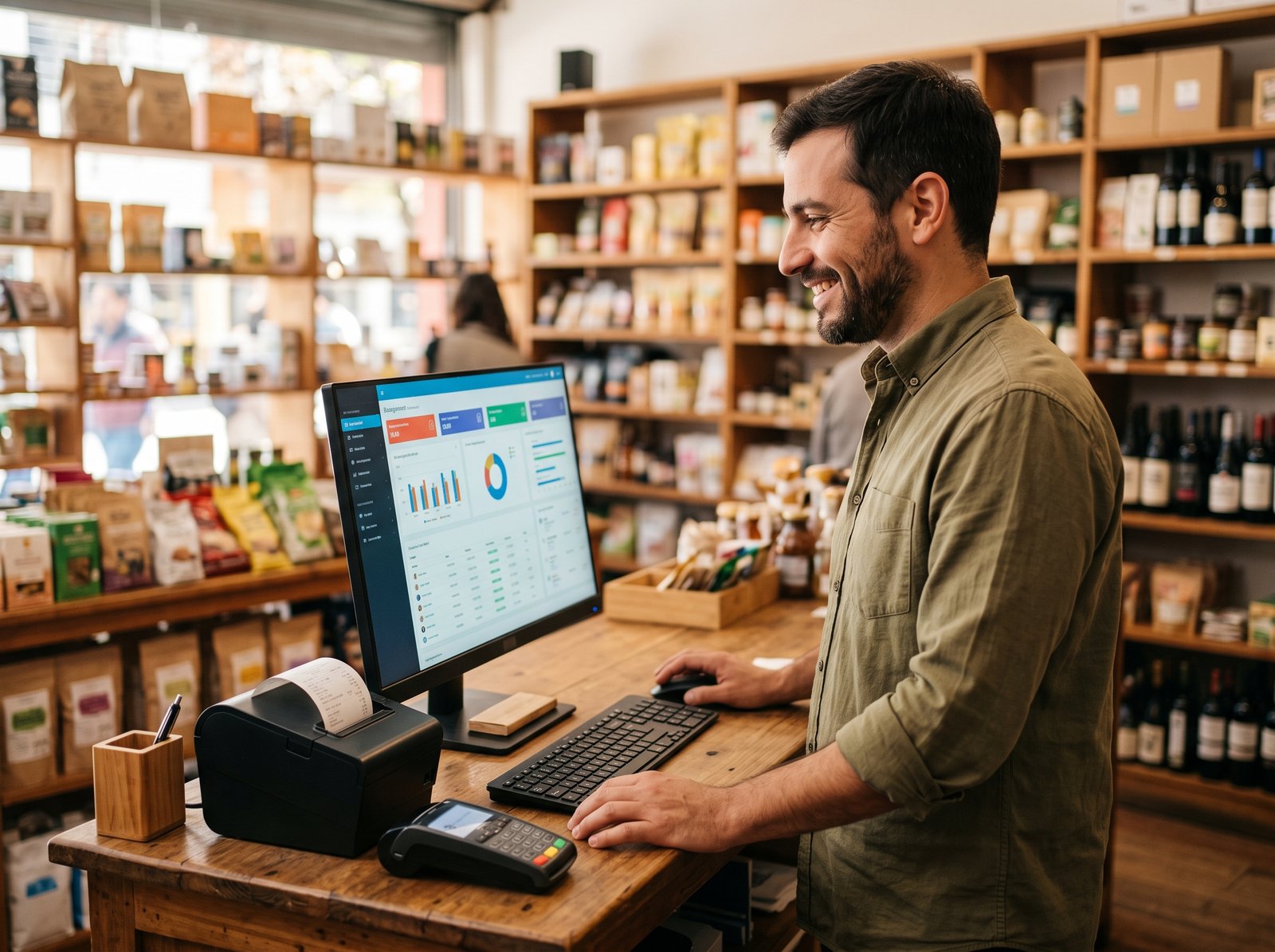Software de facturación con control de stock – Gestión de ventas y almacén para PyMEs 3 - Líder Gestión ERP Comerciante gestionando ventas y stock integrados en el sistema Líder Gestión