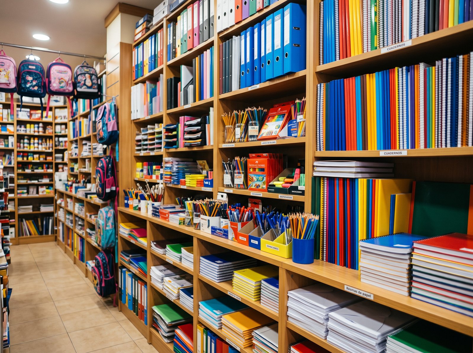 Estantería de papelería y librería con miles de artículos escolares para gestionar