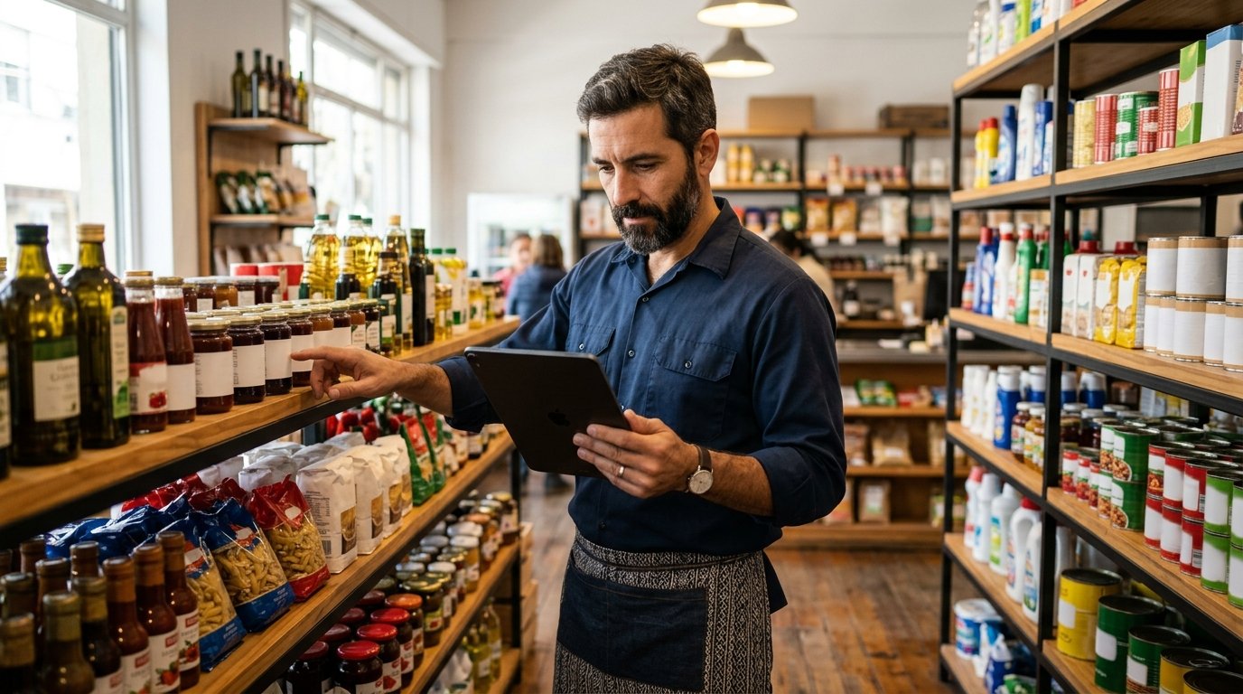 Dueño de comercio analizando costos y stock para calcular su punto de equilibrio