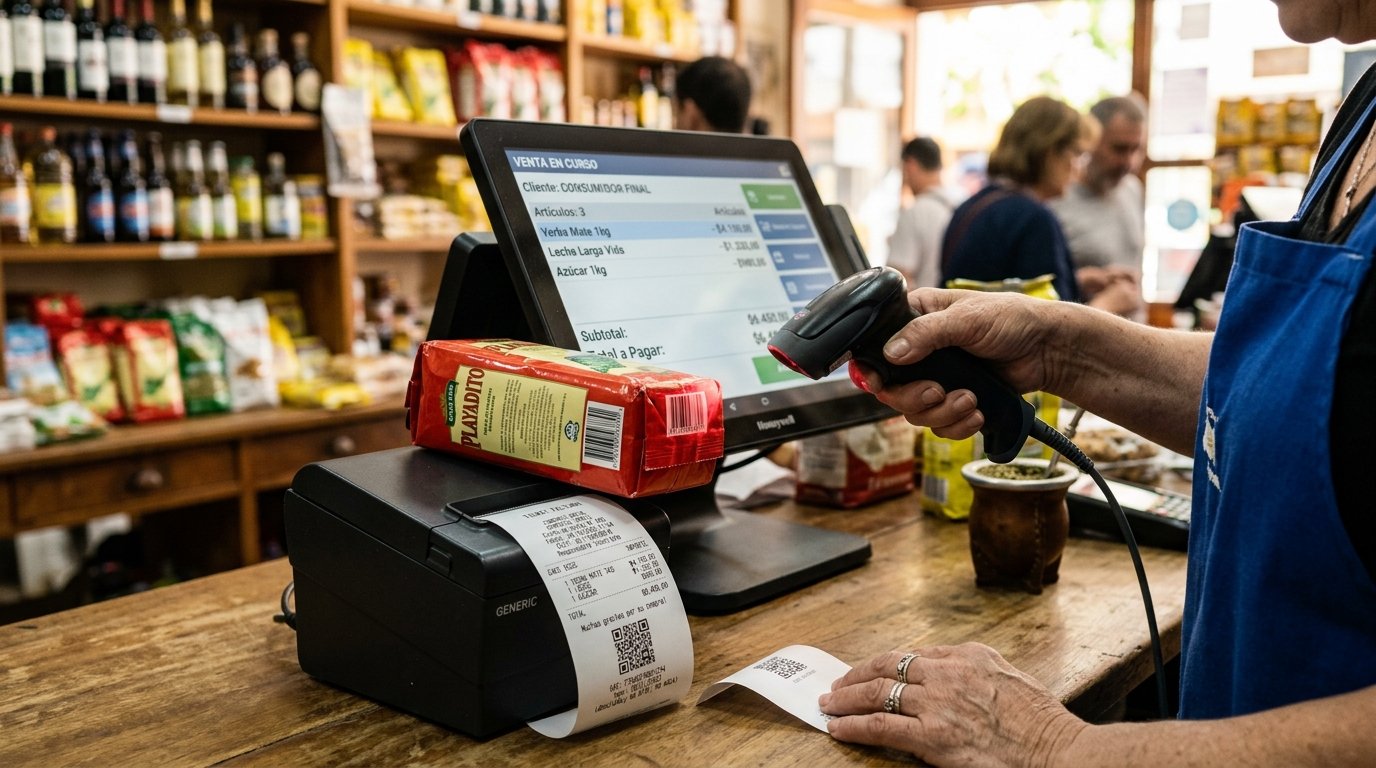 Punto de venta con lector de código de barras y facturación electrónica ARCA en un comercio argentino