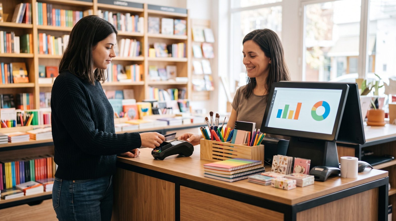 Mostrador con punto de venta moderno en una papelería, cliente pagando con tarjeta y pantalla de caja con gráficos simples