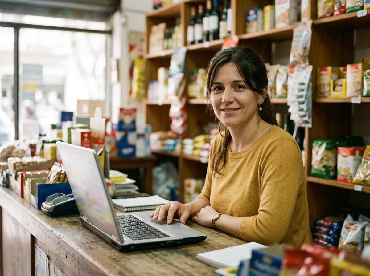 Dueña de un comercio argentino gestionando su facturación electrónica con normalidad