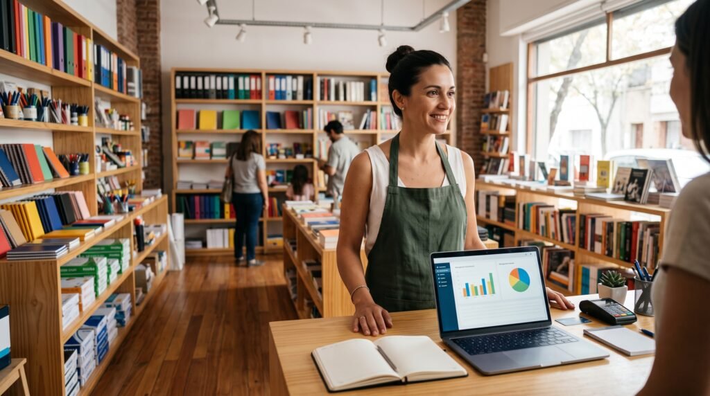 Interior de una papelería y librería argentina moderna con software de gestión en la notebook del mostrador