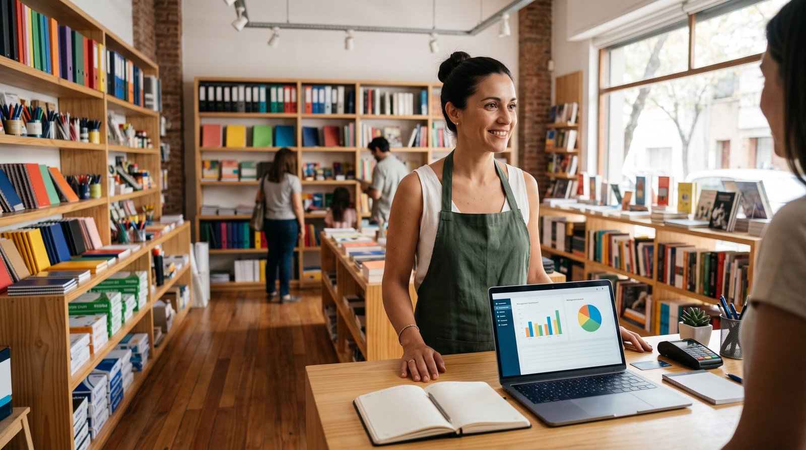 Interior de una papelería y librería argentina moderna con software de gestión en la notebook del mostrador