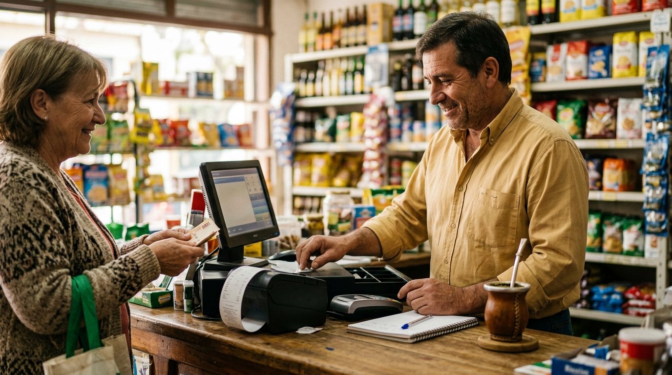 Comerciante argentino facturando una venta en el mostrador con facturación electrónica ARCA