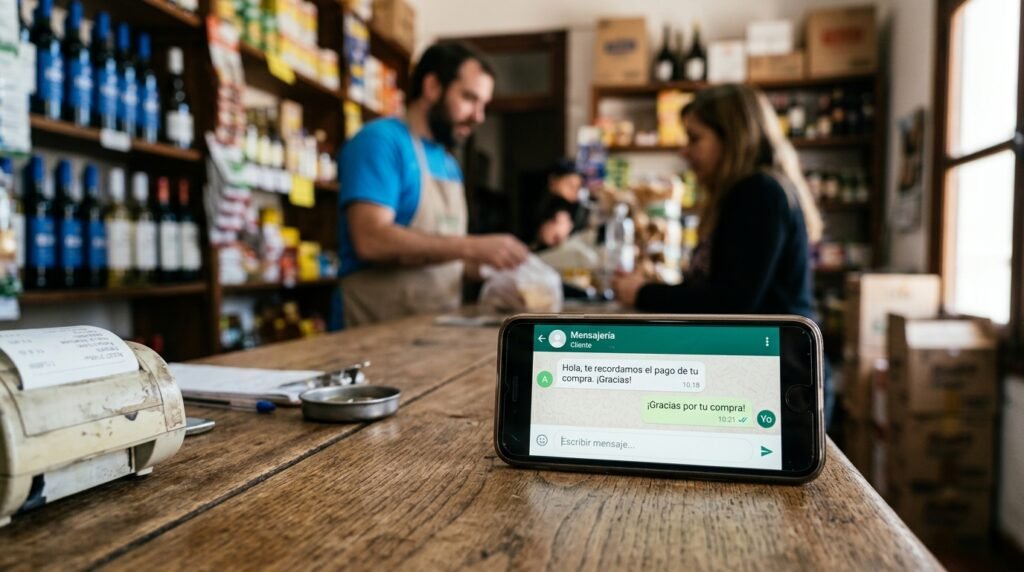 Automatizaciones en ERP 4 - Líder Gestión ERP Celular en el mostrador de un almacén con un recordatorio de pago y un mensaje de posventa enviados automáticamente por WhatsApp desde Líder Gestión
