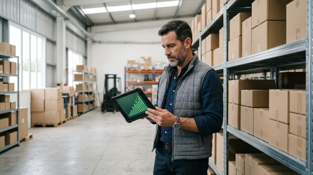 Dueño de una distribuidora evaluando en la tablet si renunciar al monotributo y pasar a Responsable Inscripto