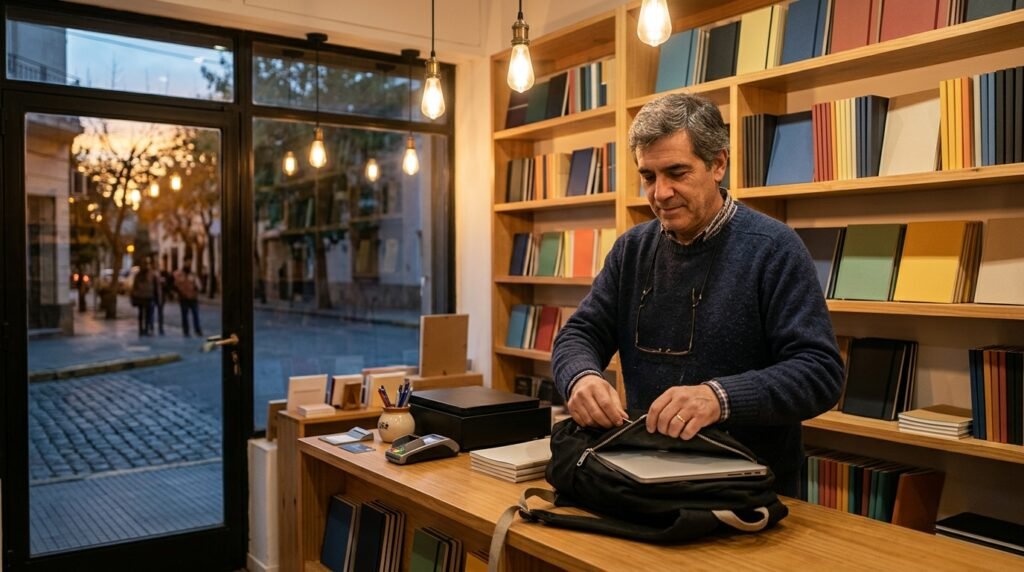 Dueño de una librería cerrando el local al atardecer tras decidir el cese de actividades y la baja del monotributo