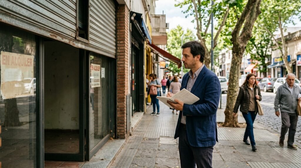 Cómo poner una dietética: emprendedor evaluando un local en alquiler en una calle comercial de barrio
