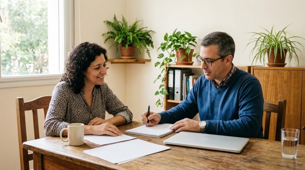 Contador y dueña de una pinturería revisando juntos las comunicaciones del domicilio fiscal electrónico
