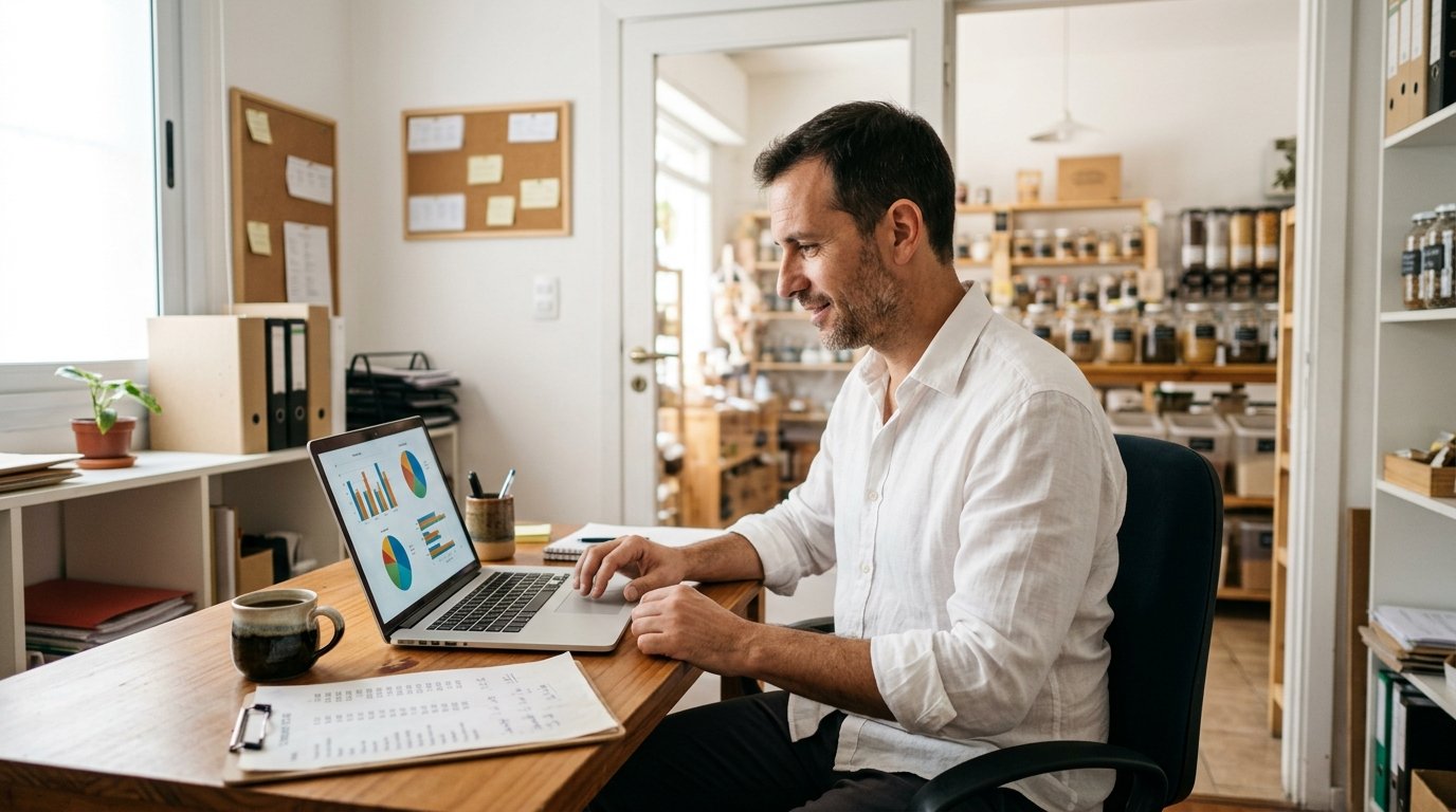 Cómo elegir software para dietética: guía práctica antes de invertir 3 - Líder Gestión ERP Dueño de dietética comparando en su notebook el costo de licencia y abono antes de elegir un sistema de gestión
