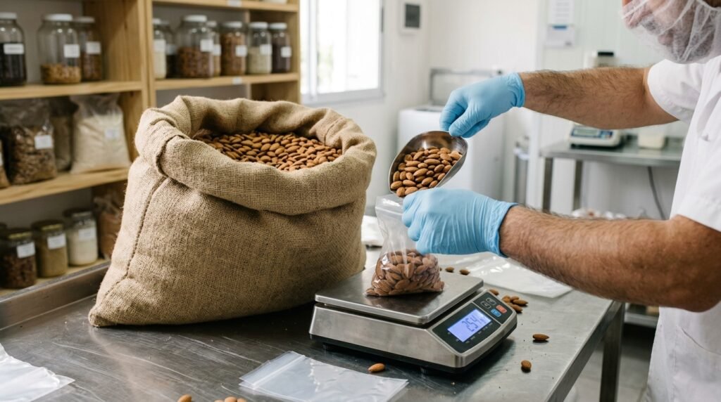 Fraccionado de almendras a granel en bolsitas sobre balanza en la trastienda de una dietética