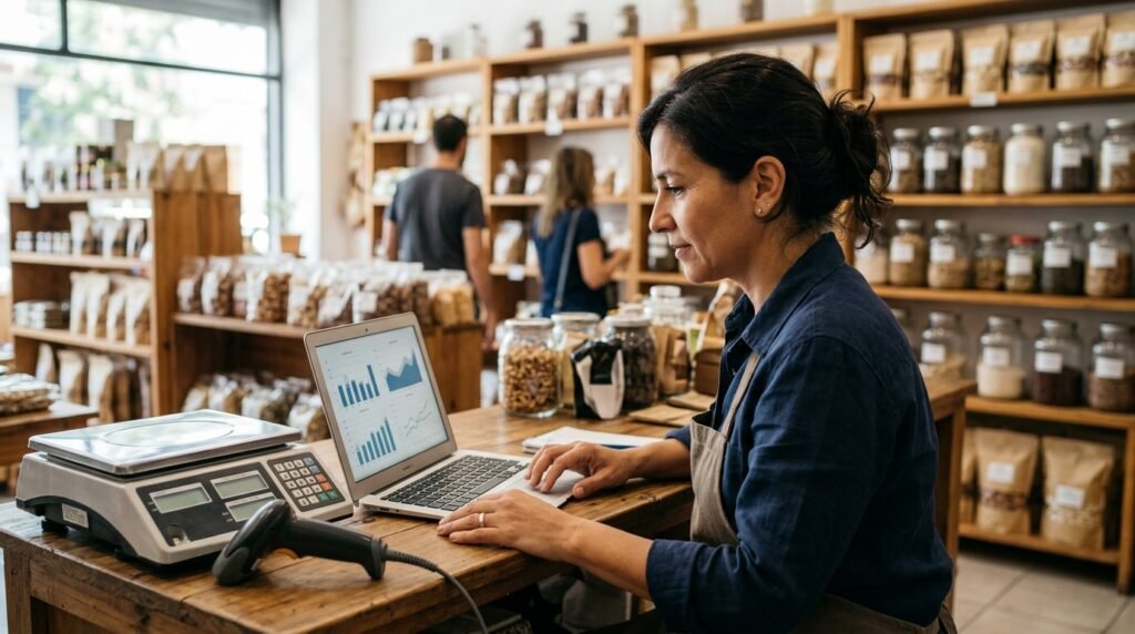 Dueña de una dietética revisando ventas y stock en una notebook junto a la balanza y el lector de códigos