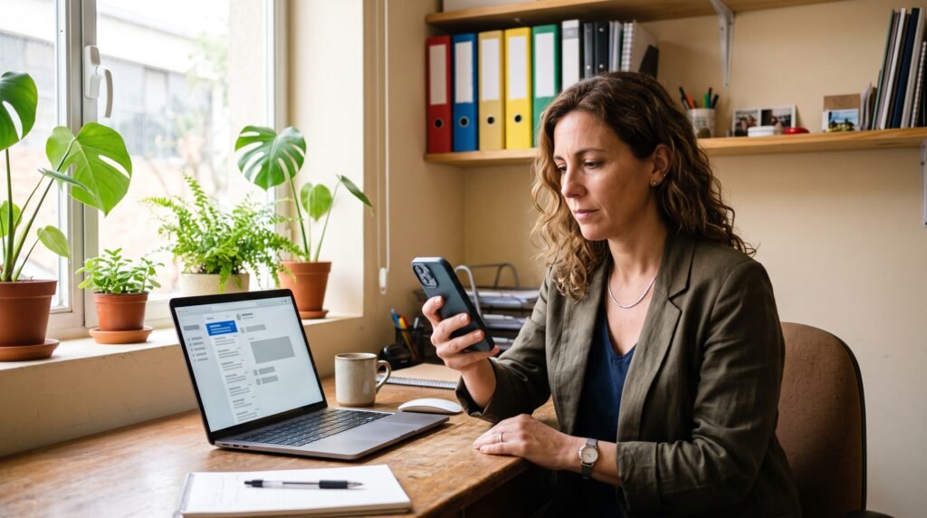 Dueña de una PyME revisando en el celular un aviso del domicilio fiscal electrónico de ARCA
