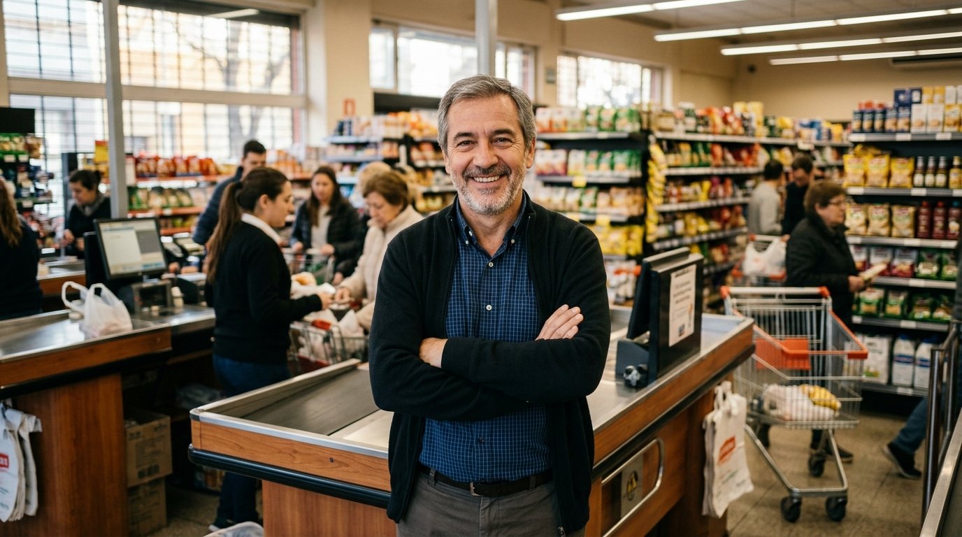 Dueño de supermercado gestionando su negocio con Líder Gestión