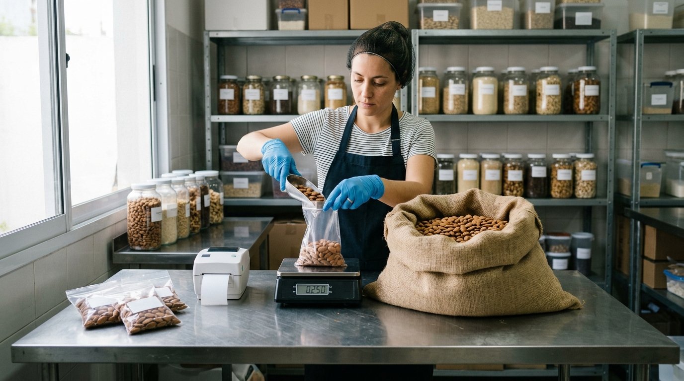 Cómo elegir software para dietética: guía práctica antes de invertir 2 - Líder Gestión ERP Empleada de dietética fraccionando almendras de una bolsa de 25 kg en bolsitas pesadas y etiquetadas