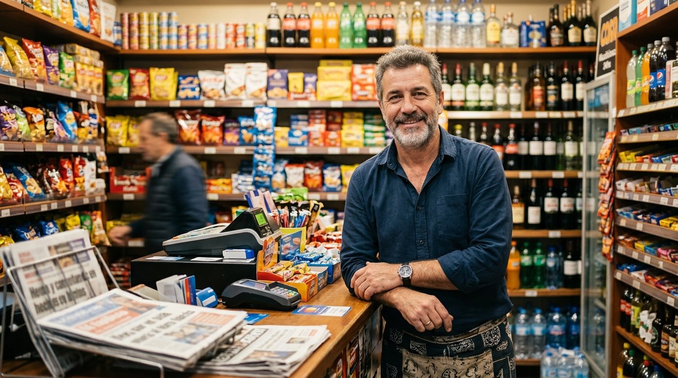 Dueño de un kiosco gestionando su negocio con Líder Gestión