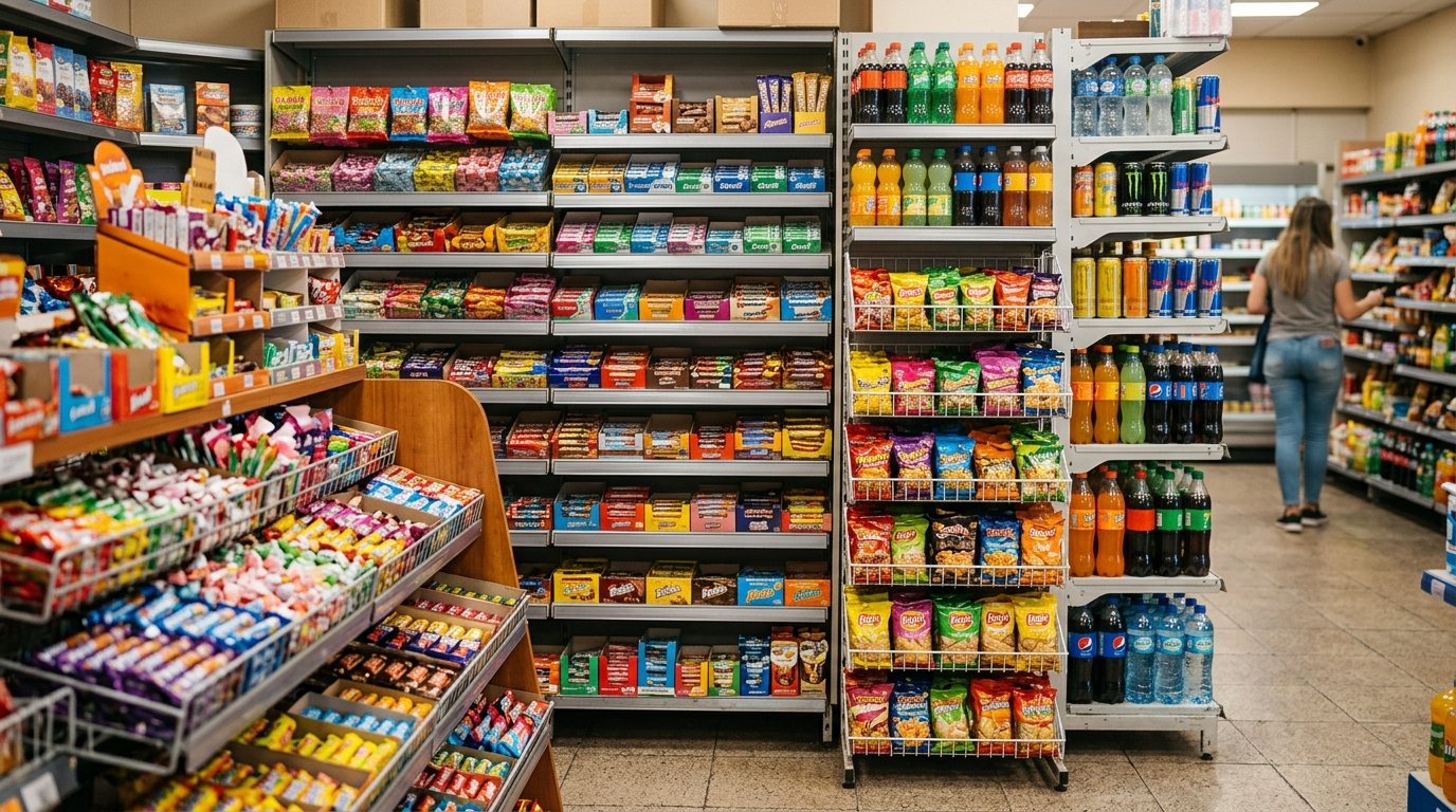 Góndolas de un maxikiosco con gran variedad de productos
