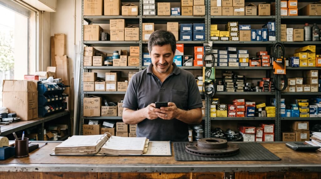 Líder IA 5 - Líder Gestión ERP Dueño de una casa de repuestos busca un código en el celular frente a las estanterías de autopartes