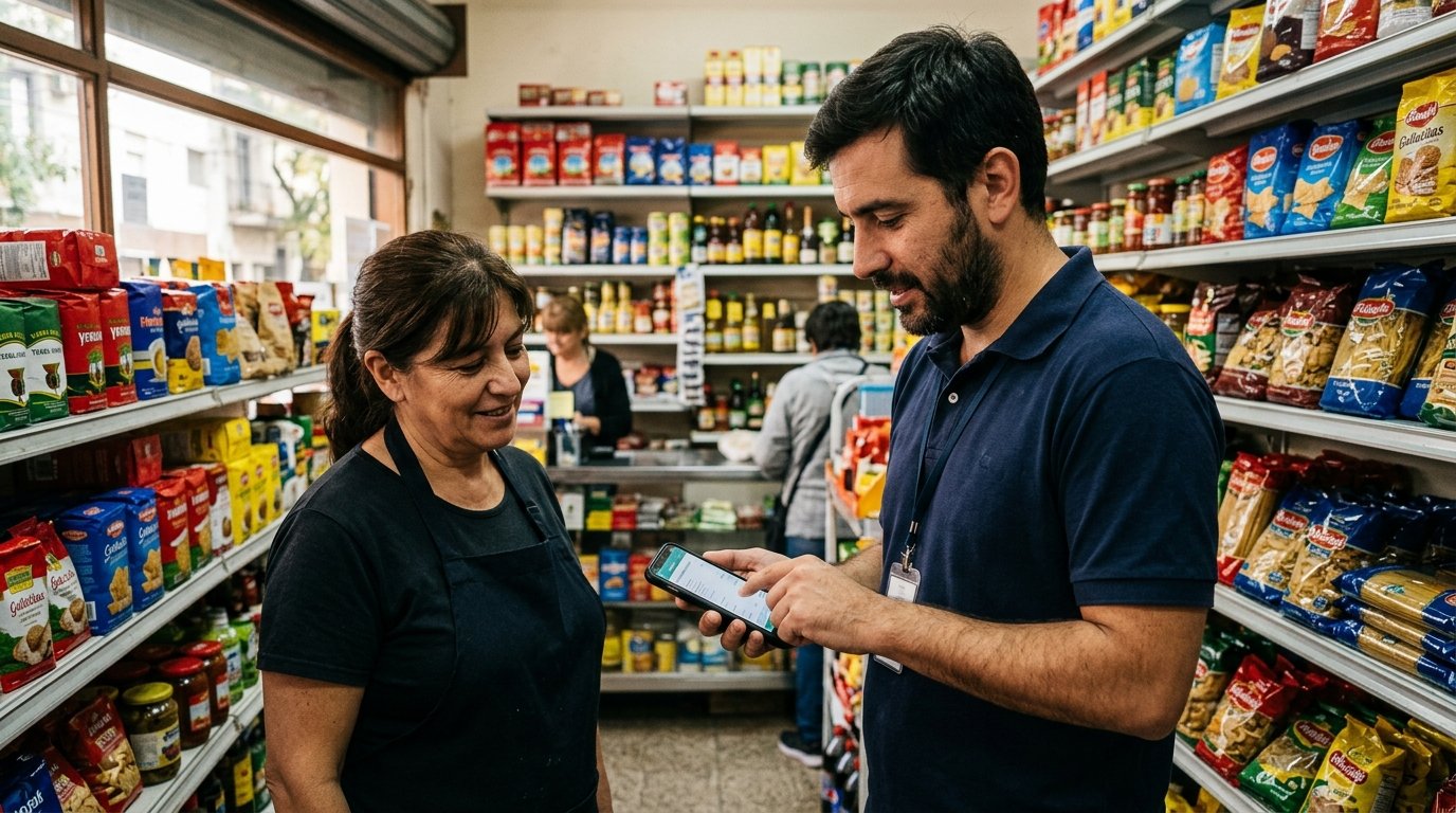 Preventista tomando pedidos con Líder Móvil en el local del cliente