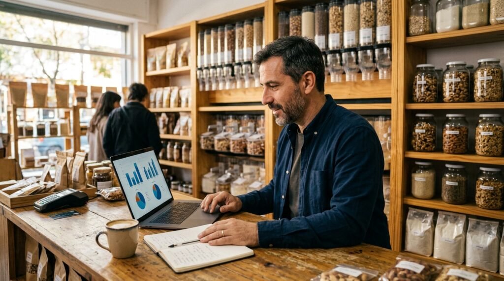 Dueño de una dietética revisando en la notebook los informes de ventas y rentabilidad de su programa de gestión