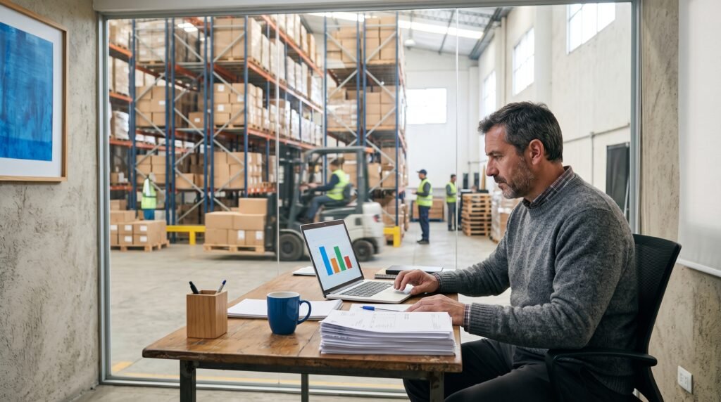 ¿Qué es Ingresos Brutos y cómo se calcula? Guía 2026 para PyMEs (Convenio Multilateral y SIRCREB) 6 - Líder Gestión ERP Dueño de una distribuidora revisando cuánto paga de Ingresos Brutos en su notebook