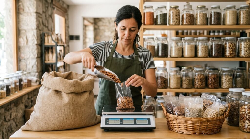 Empleada de una dietética fraccionando almendras de una bolsa grande en bolsitas sobre una balanza electrónica de mostrador