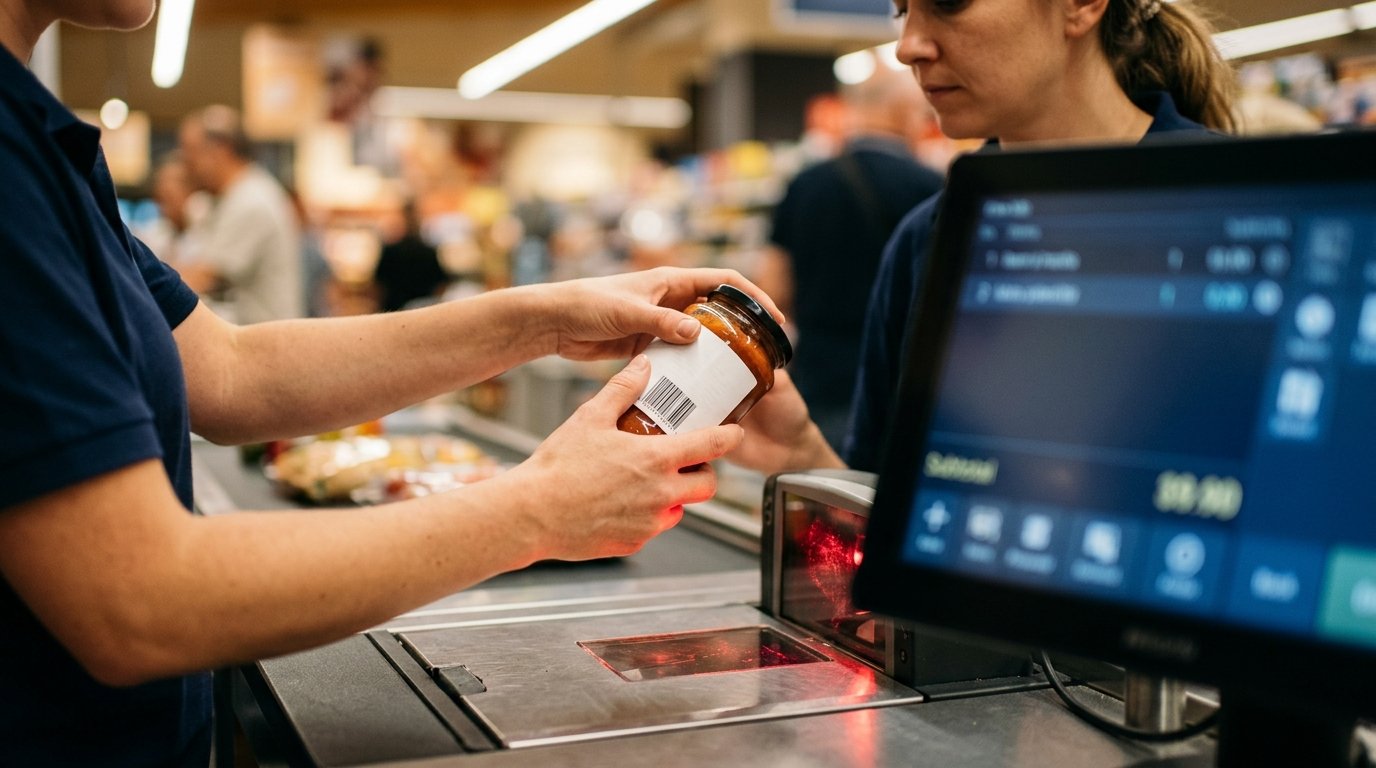 Caja rápida con lector de código de barras en supermercado